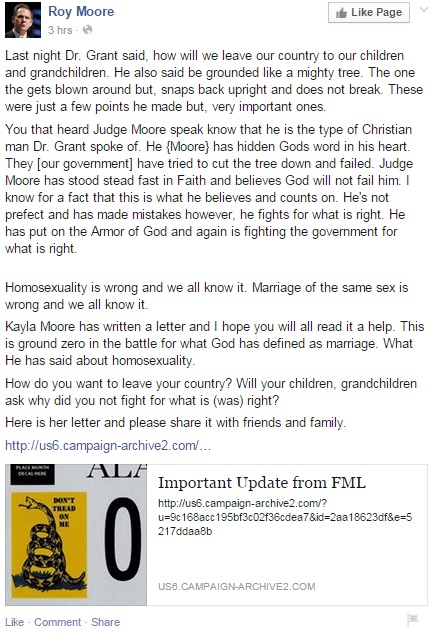 One of Roy Moore's Rants on Facebook that Were Deleted